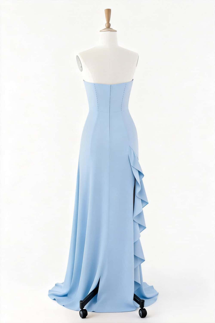 Strapless Light Blue Frill Slit Dress