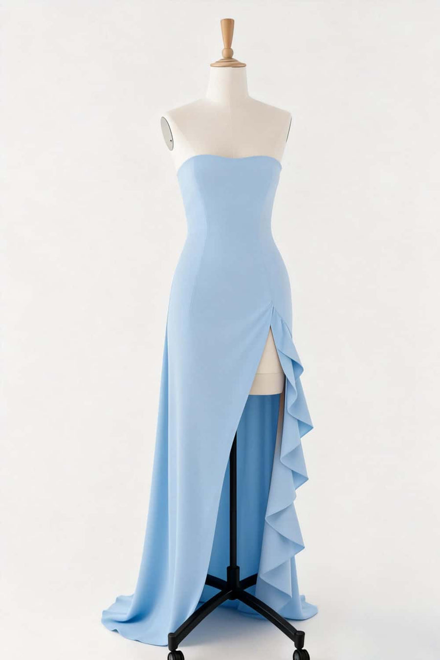 Strapless Light Blue Frill Slit Dress