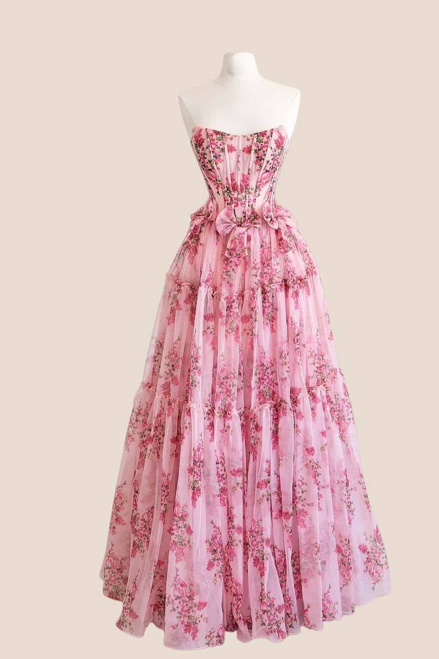 Strapless Floral Pink A-line Gown with Bows