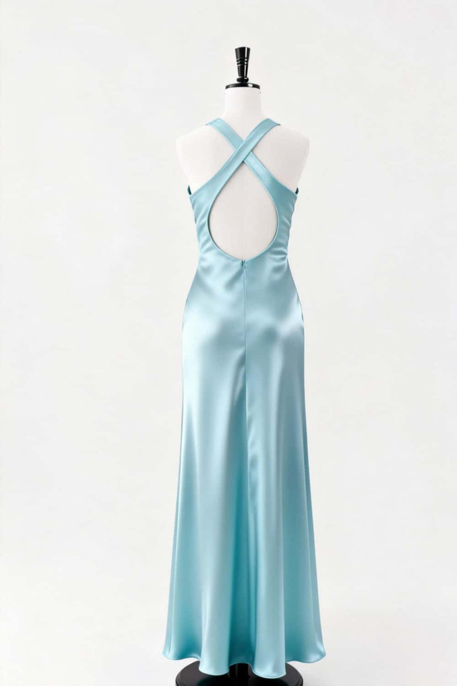 V Neck Light Blue Satin Long Dress