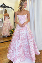 Pink Jacquard Pearls A-line Ball Gown