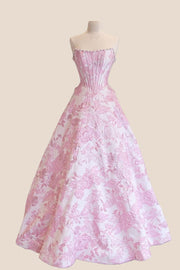 Pink Jacquard Pearls A-line Ball Gown
