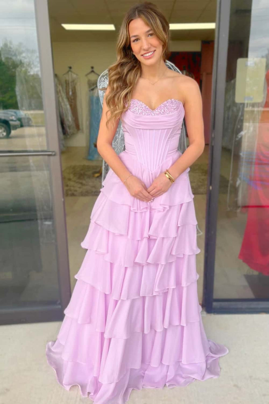 Blue Beaded Corset Chiffon Ruffle Prom Gown