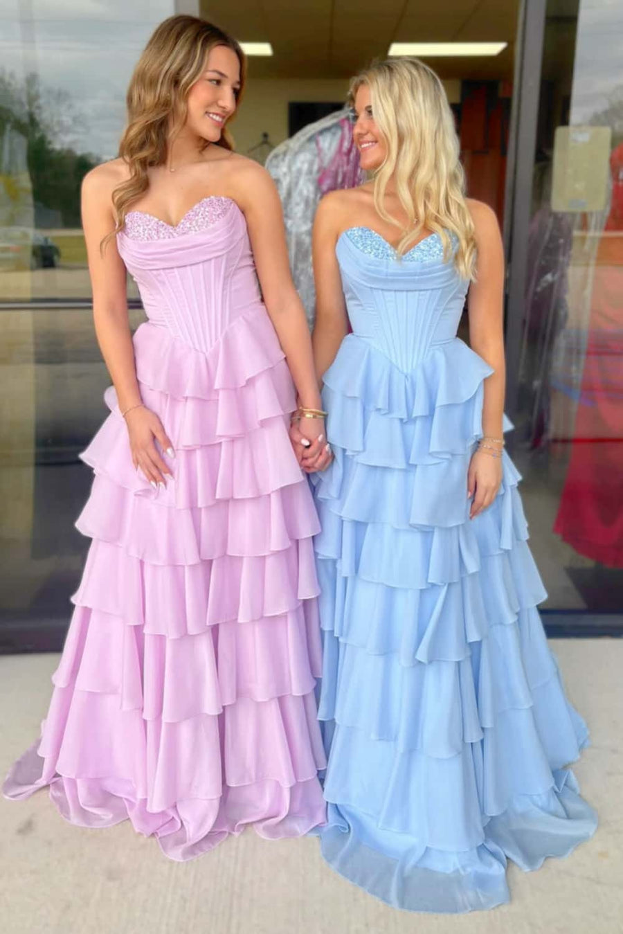 Blue Beaded Corset Chiffon Ruffle Prom Gown