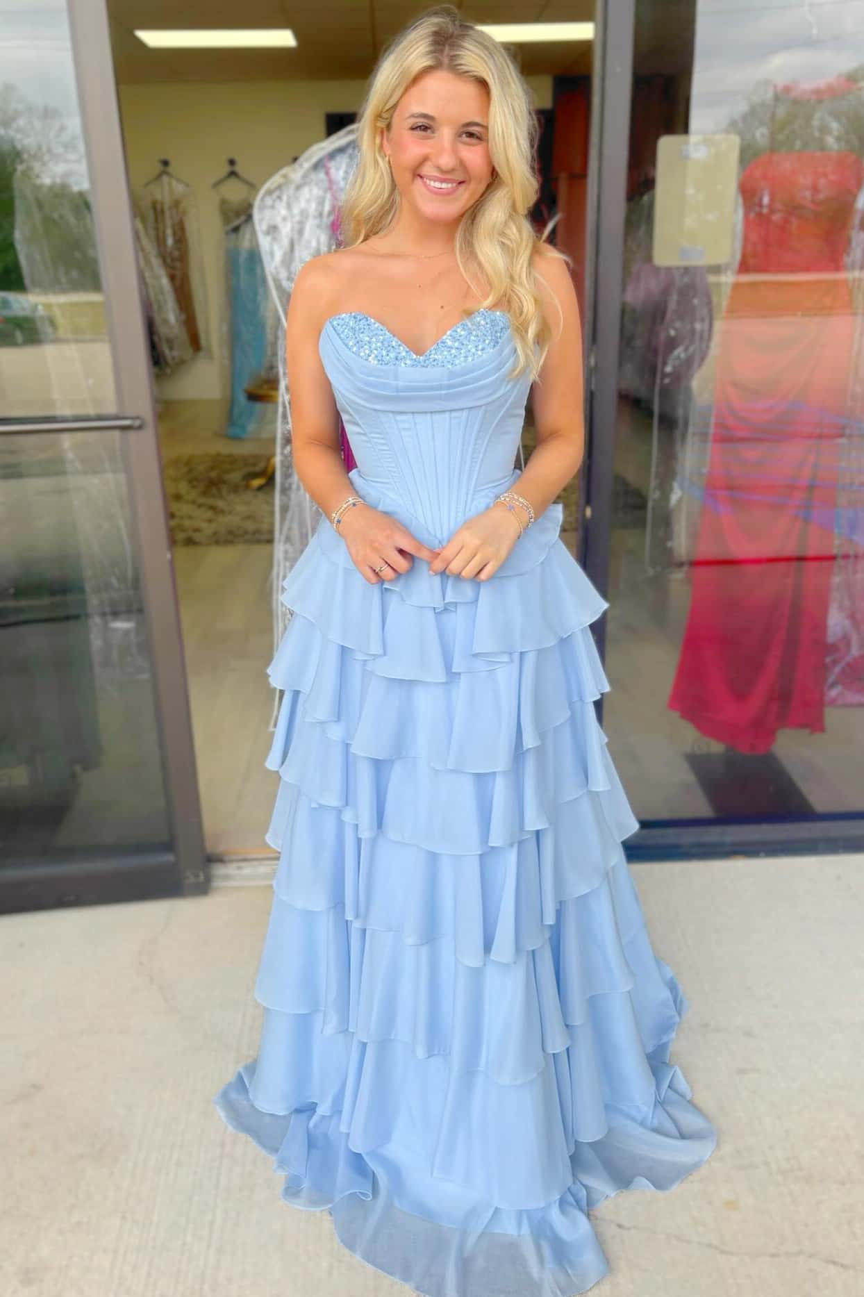 Blue Beaded Corset Chiffon Ruffle Prom Gown – Ohmollydress