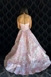 Pink Floral Jacquard A-line Prom Gown