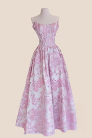Pink Floral Jacquard A-line Prom Gown