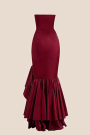 Strapless Navy Blue Mermaid Ruffle Long Dress