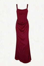 Brown Square Fitted Draped Long Dress