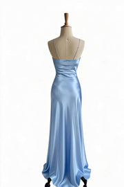 Simple Blue Satin Slit Long Formal Dress