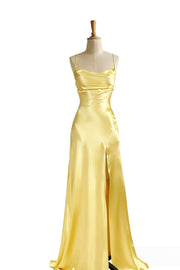 Simple Blue Satin Slit Long Formal Dress