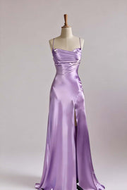 Simple Blue Satin Slit Long Formal Dress
