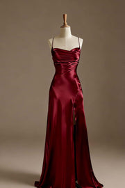 Simple Blue Satin Slit Long Formal Dress