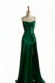 Simple Blue Satin Slit Long Formal Dress