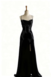 Simple Blue Satin Slit Long Formal Dress