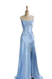 Simple Blue Satin Slit Long Formal Dress