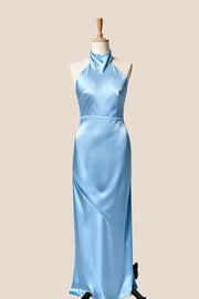 High Neck Pink Satin Fitted Long Bridesmaid Dress