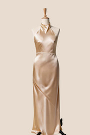 High Neck Pink Satin Fitted Long Bridesmaid Dress