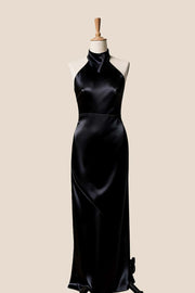 High Neck Pink Satin Fitted Long Bridesmaid Dress