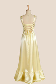 Yellow Soft Sati Square Neck A-line Maxi Dress