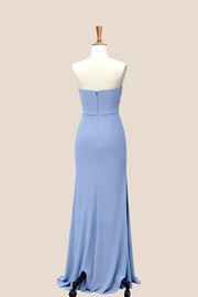 Blue Chiffon Ruched Slit Bridesmaid Dress