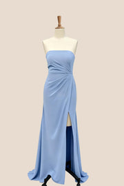 Blue Chiffon Ruched Slit Bridesmaid Dress