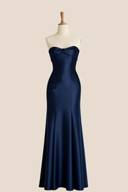 Knot Front Navy Blue Satin Long Bridesmaid Dress