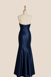 Knot Front Navy Blue Satin Long Bridesmaid Dress