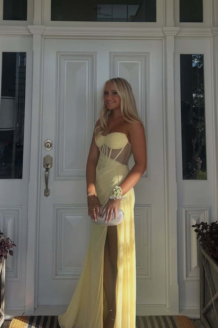 Yellow Corset Ruched Slit Long Prom Dress – Ohmollydress