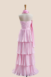Pink Pleated Tiered Maxi Dress with Scarf