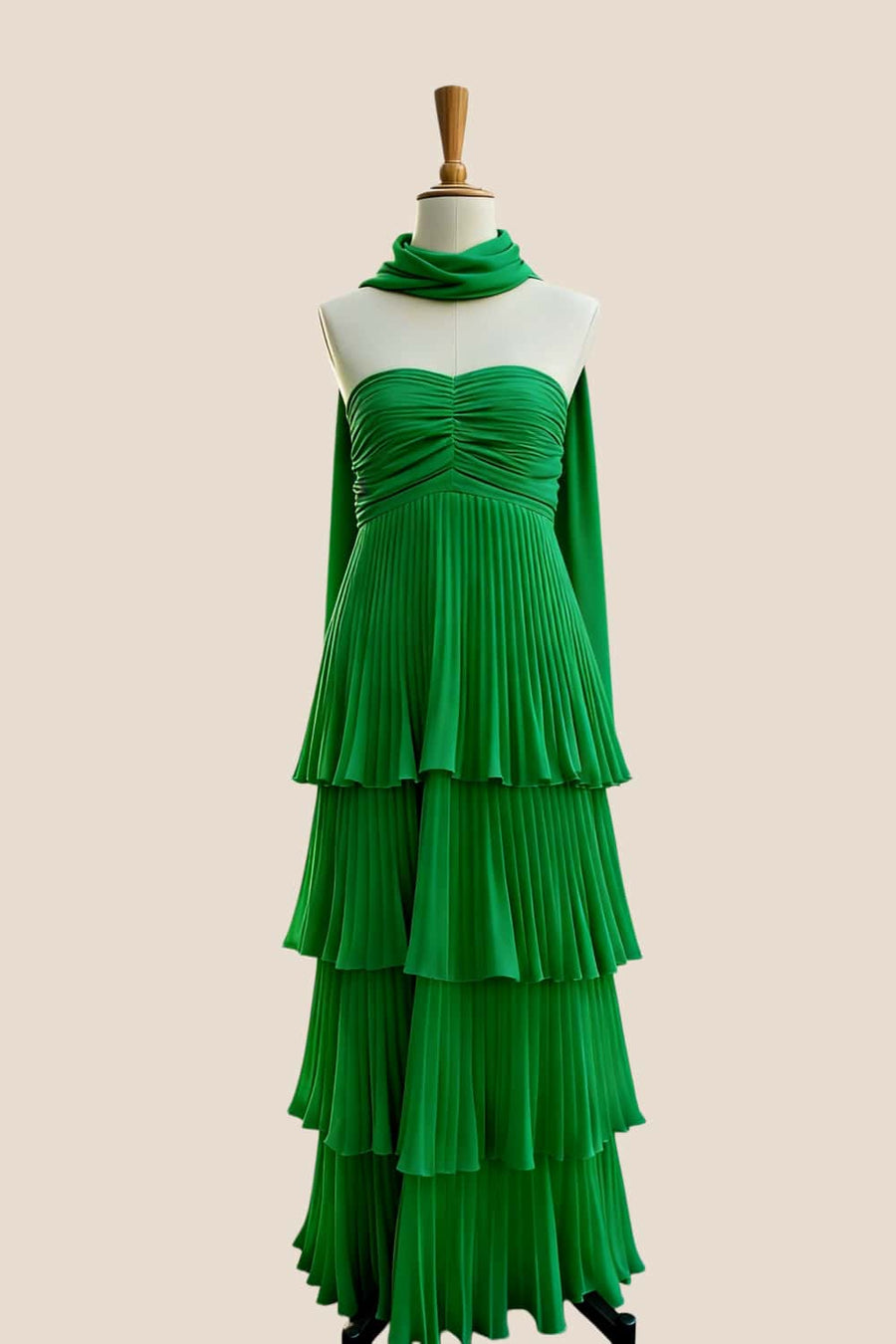 Pink Pleated Tiered Maxi Dress with Scarf