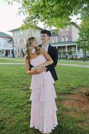 Pink Pleated Tiered Maxi Dress with Scarf