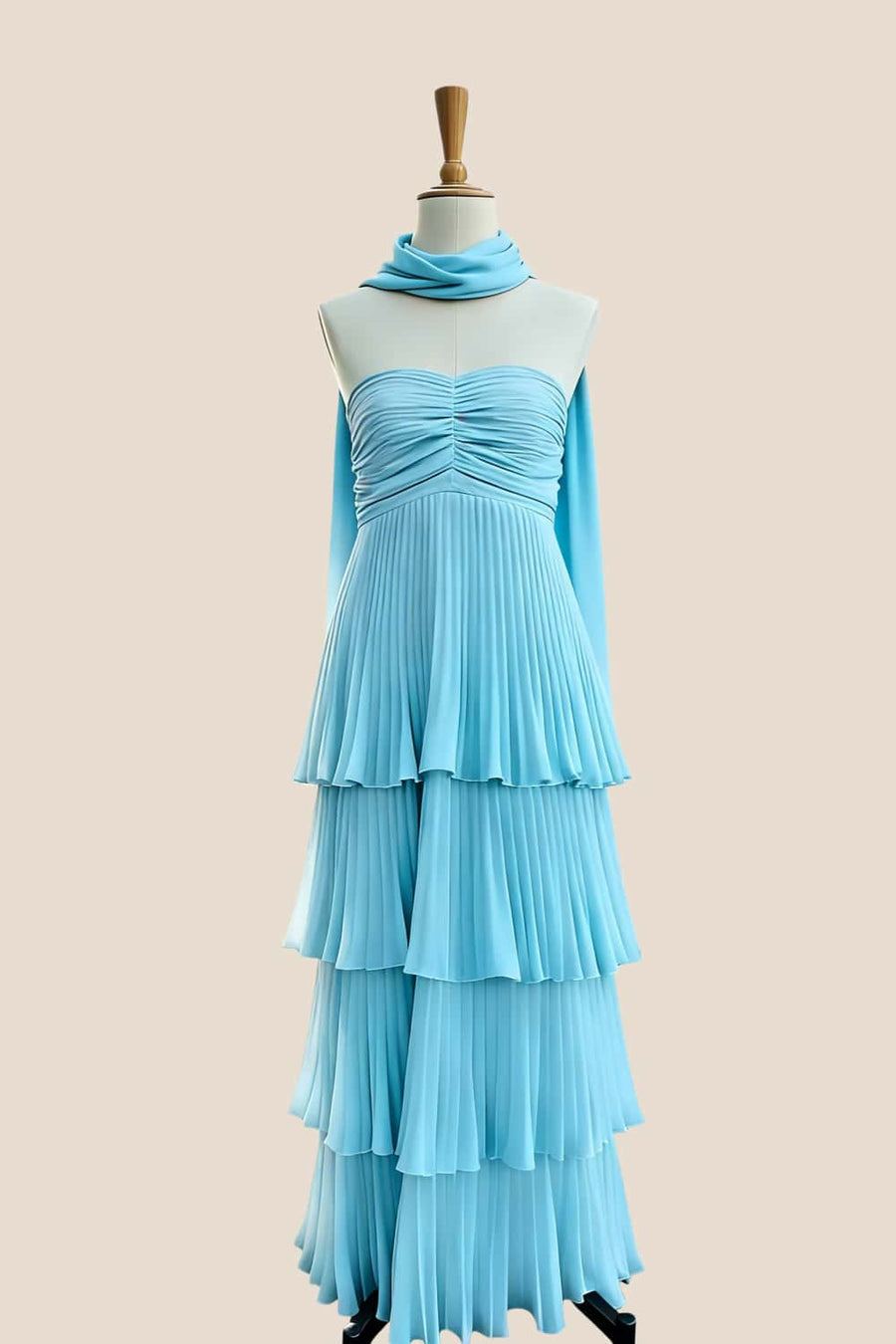 Pink Pleated Tiered Maxi Dress with Scarf