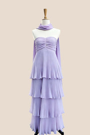 Pink Pleated Tiered Maxi Dress with Scarf