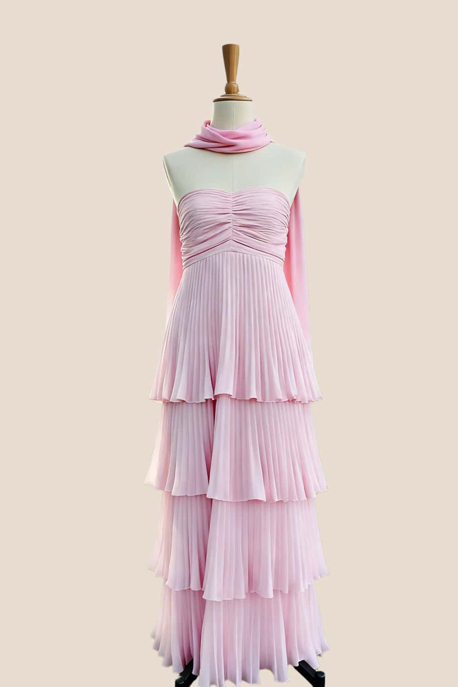 Pink Pleated Tiered Maxi Dress with Scarf