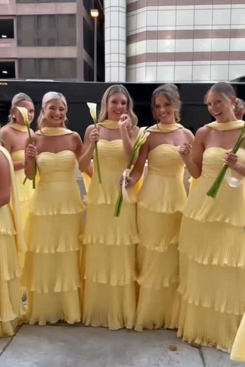 Yellow Pleated Tiered Maxi Dress with Scarf