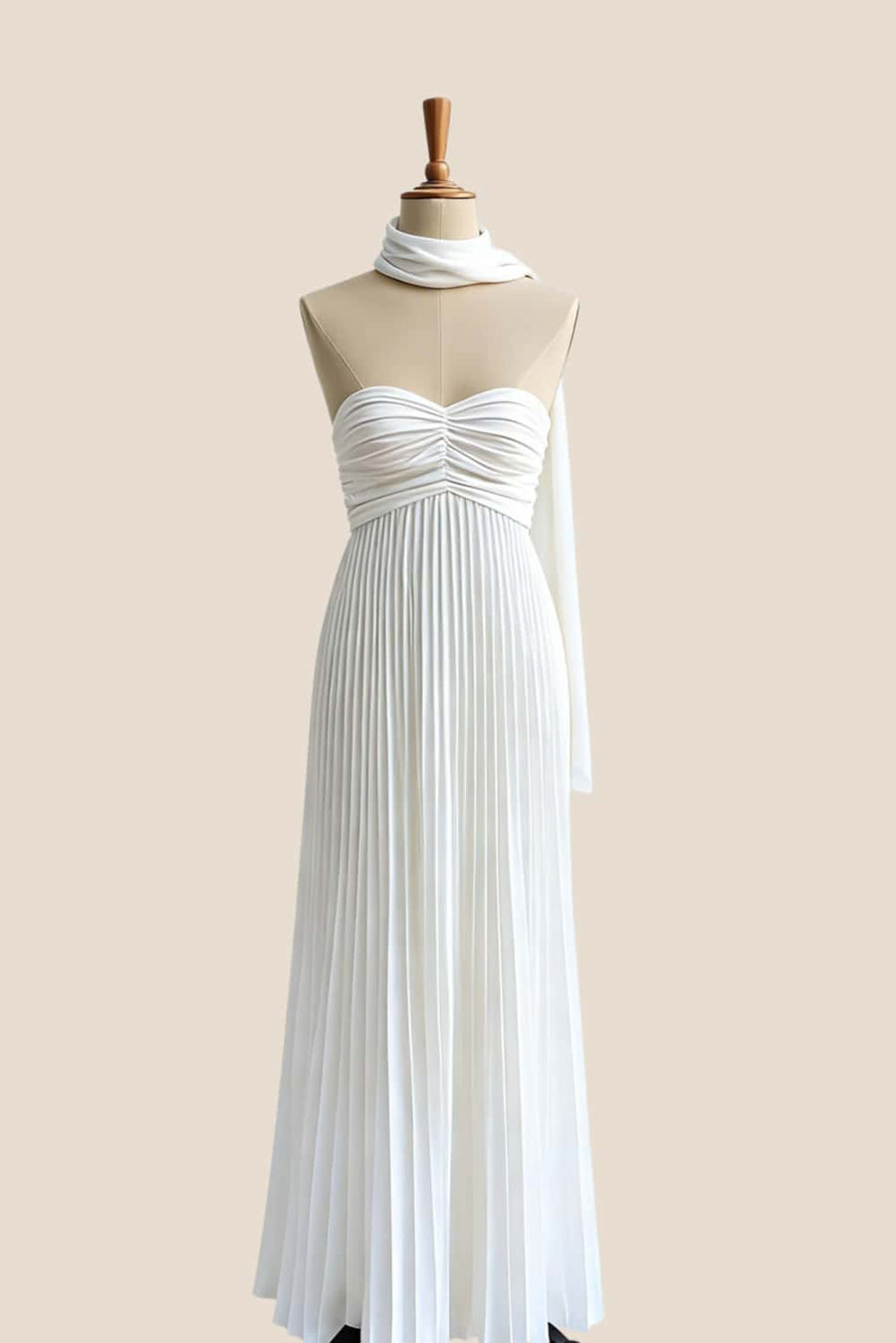 Empire White Pleated Maxi Scarf Dress