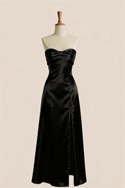Black Satin Knot A-line Long Bridesmaid Dress