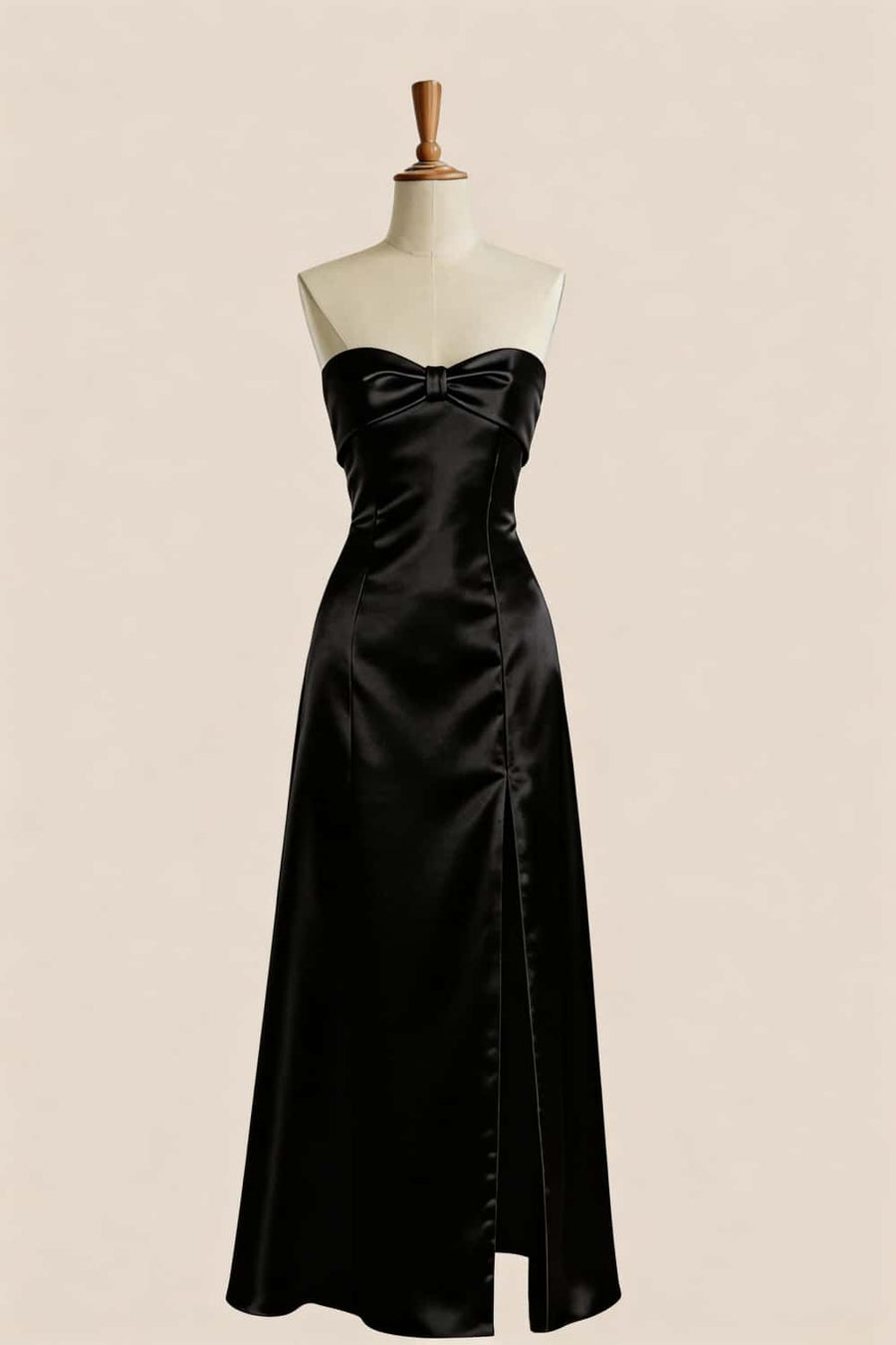 Black Satin Knot A-line Long Bridesmaid Dress