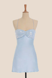 Light Blue Straps Soft Satin A-line Short Dress