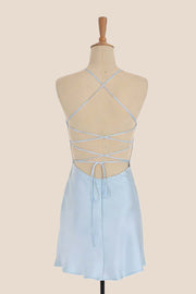 Light Blue Straps Soft Satin A-line Short Dress
