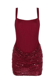 Red Sequin Ruched Tight Mini Dress
