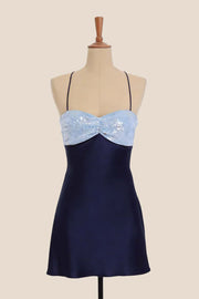 Navy Blue Satin A-line Short Dress