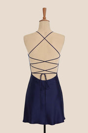 Navy Blue Satin A-line Short Dress