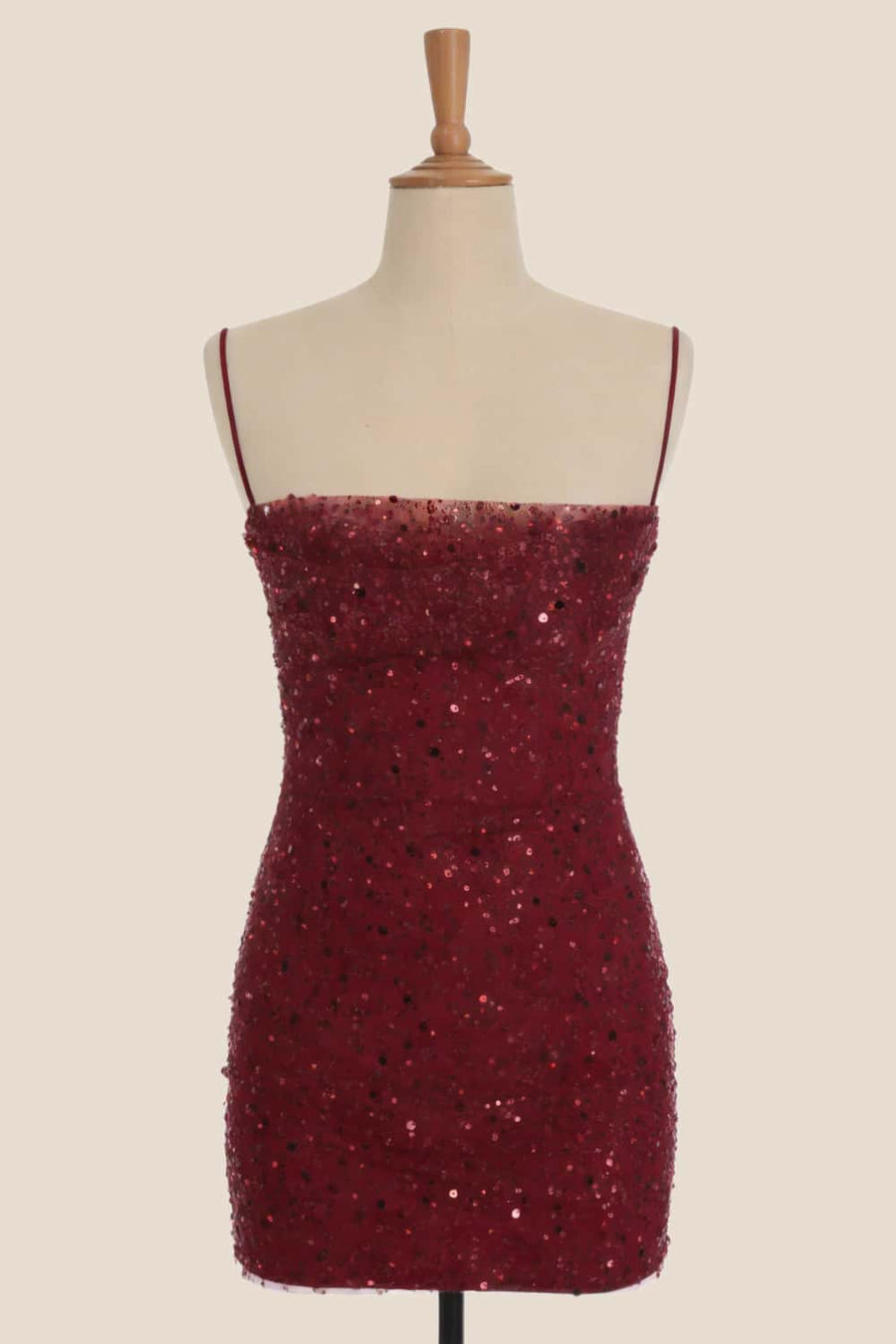 Wine Red Sequin Straps Tight Mini Dress