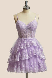 Lavender Appliques Straps Short Ruffle Dress