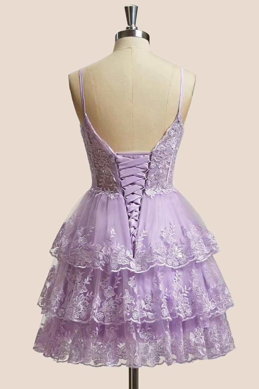Lavender Appliques Straps Short Ruffle Dress