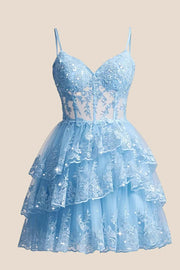 Lavender Appliques Straps Short Ruffle Dress