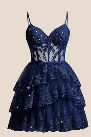 Lavender Appliques Straps Short Ruffle Dress