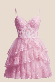 Lavender Appliques Straps Short Ruffle Dress